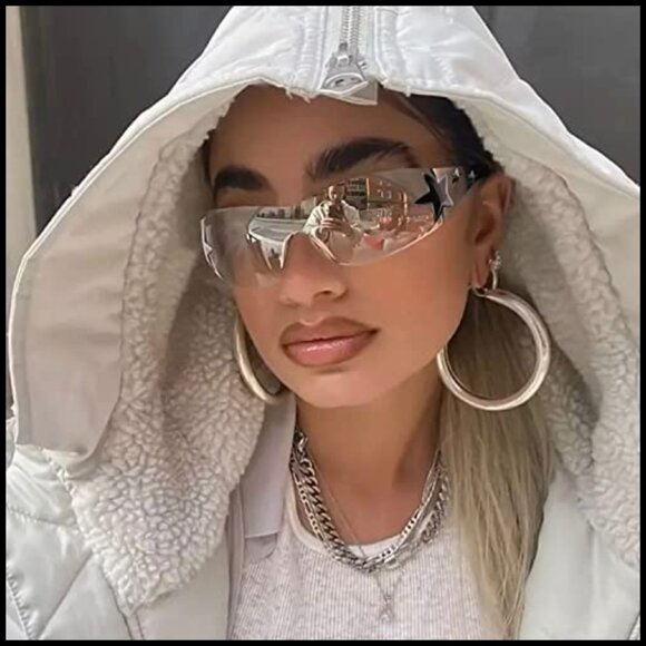 Y2K Rimless Wrap Around Sunglasses Star Pattern Futuristic Shield Shades main image 7